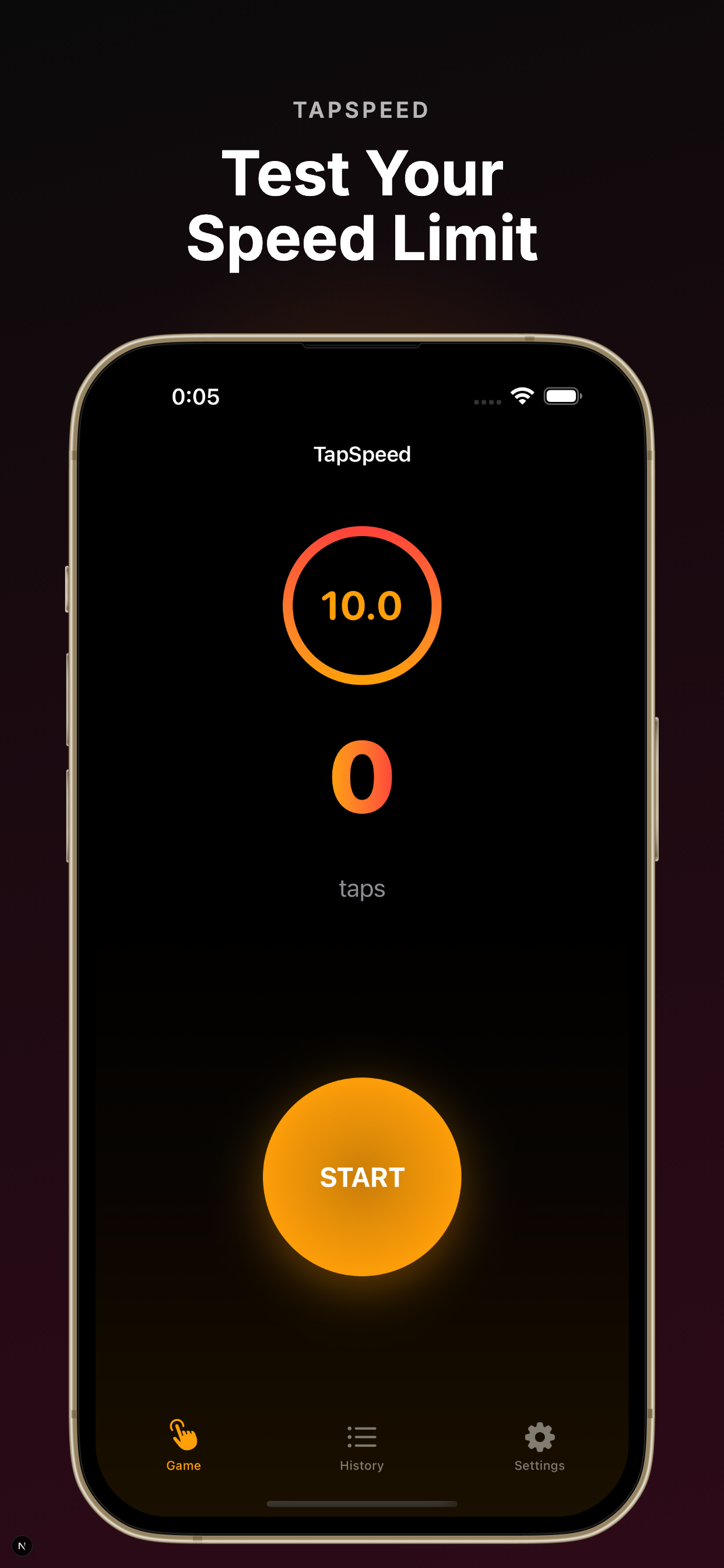 TapSpeed home screen showing tap speed test controls