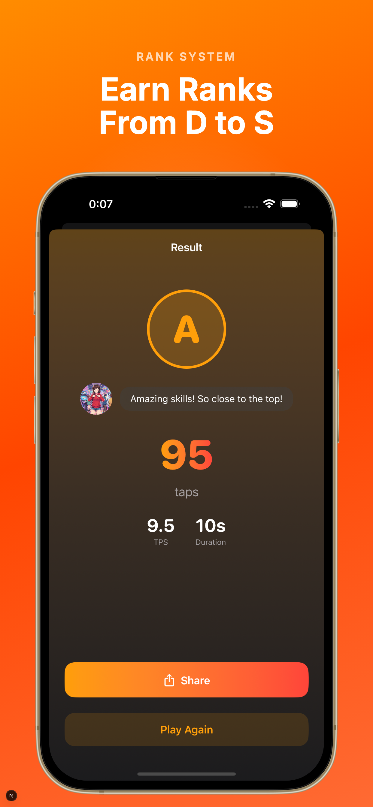 TapSpeed result screen with rank and TPS