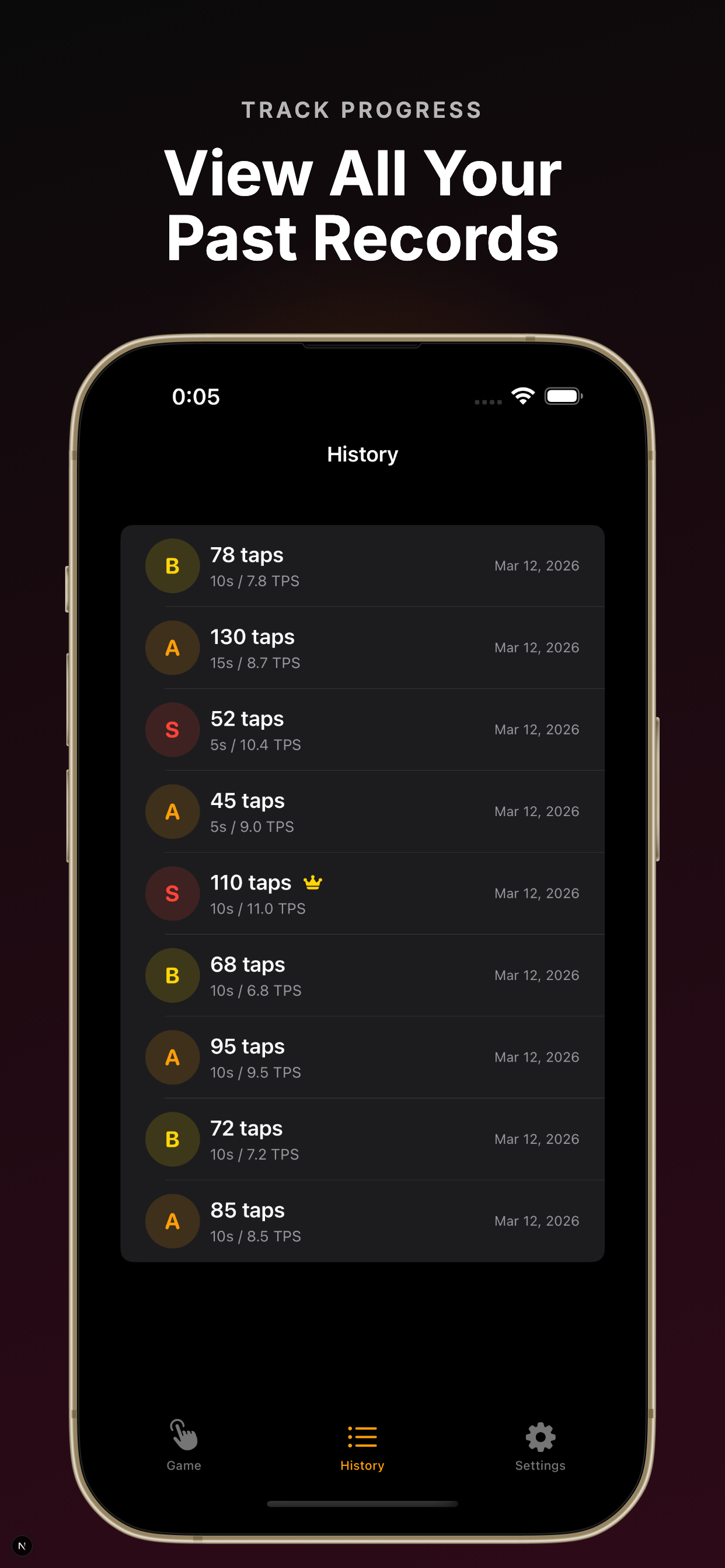 TapSpeed history screen showing previous records